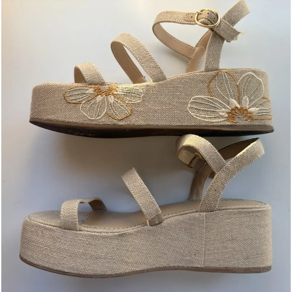 Michael Shannon Platform Sandals Linen Floral Embroidered Strappy Tan Womens 10